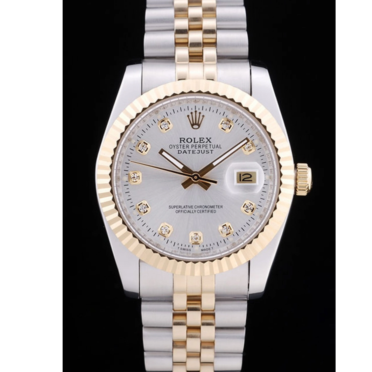Aaa replica Diamonds Silver 7454 Rolex Bezel Datejust Ribbed Dial 0818